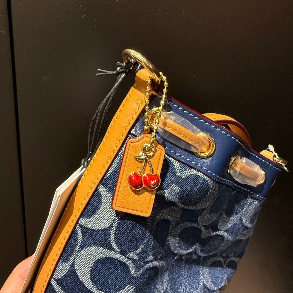 Coach Blue Denim Signature Drawstring Crossbody Bag with Tan Trim - Picture 5 of 12
